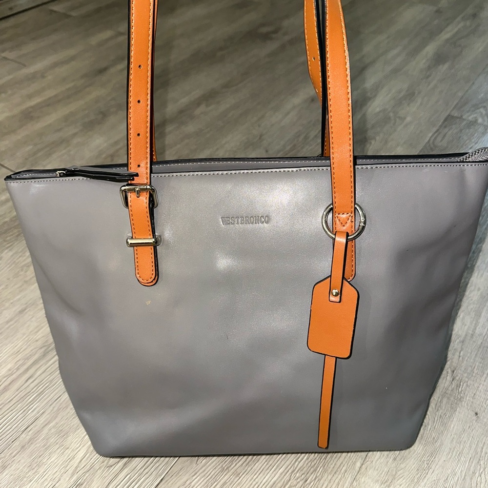 West Bronco Gray Vegan Faux Leather Large Tote Bag Purse